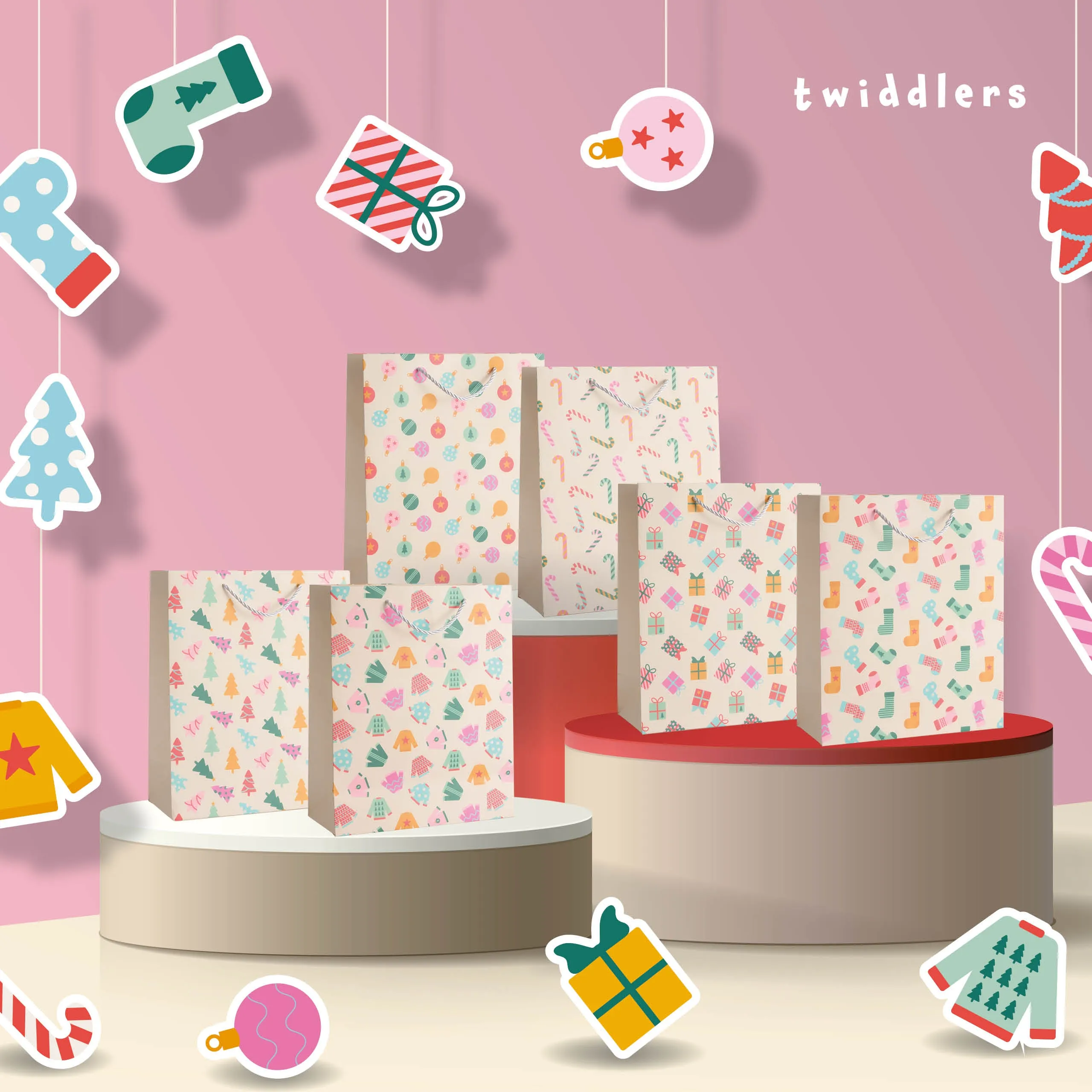 Assorted Festive Pastel Christmas Gift Bags