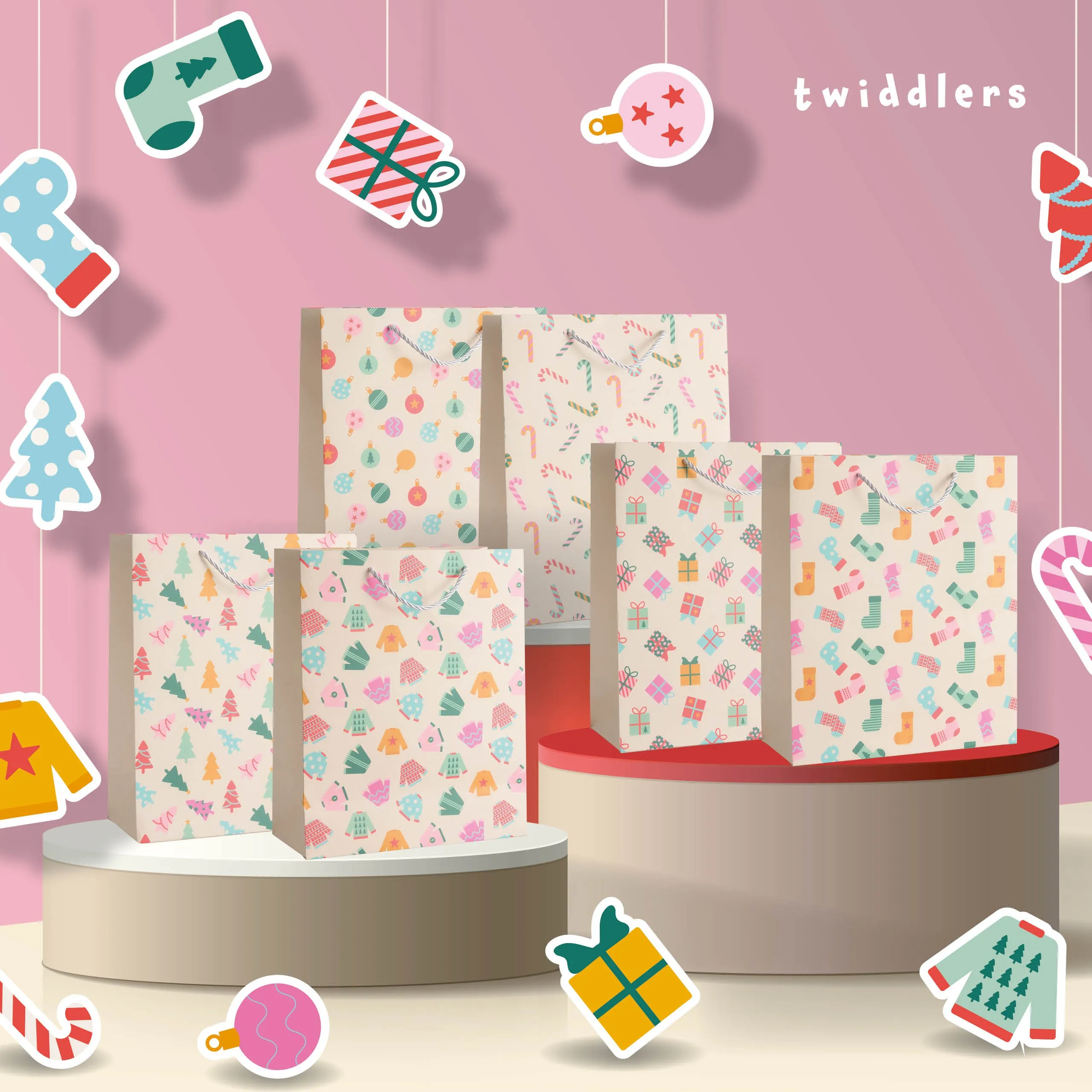 Assorted Festive Pastel Christmas Gift Bags