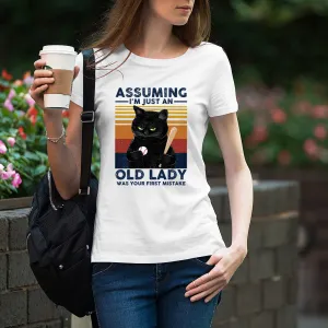 Baseball Black Cat Assuming I'm Just An Old Lady - 2D White Tshirt , QB95