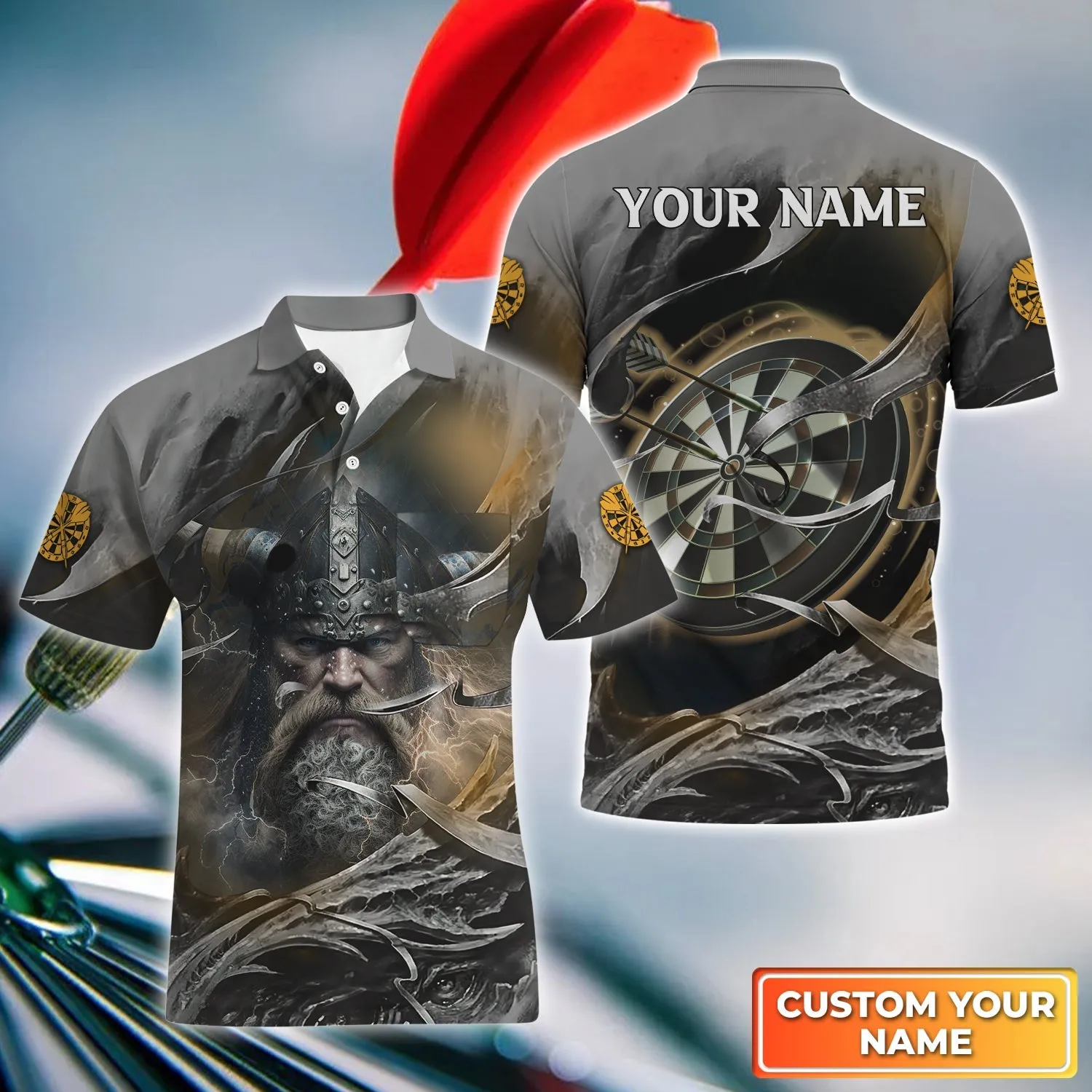 Bullseye Dartboard Personalized Name 3D Viking And Darts Polo Shirt With Pocket