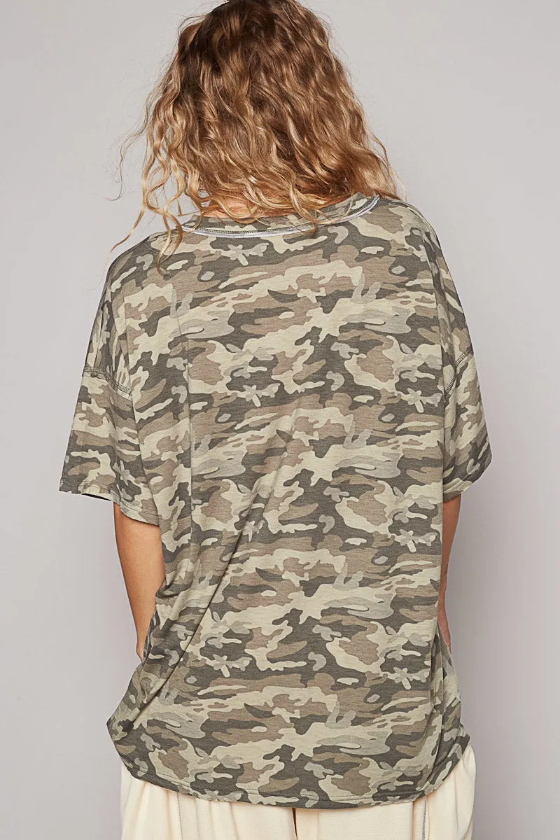 Drop Shoulder V-Neck Basic Tee by POL - Camo