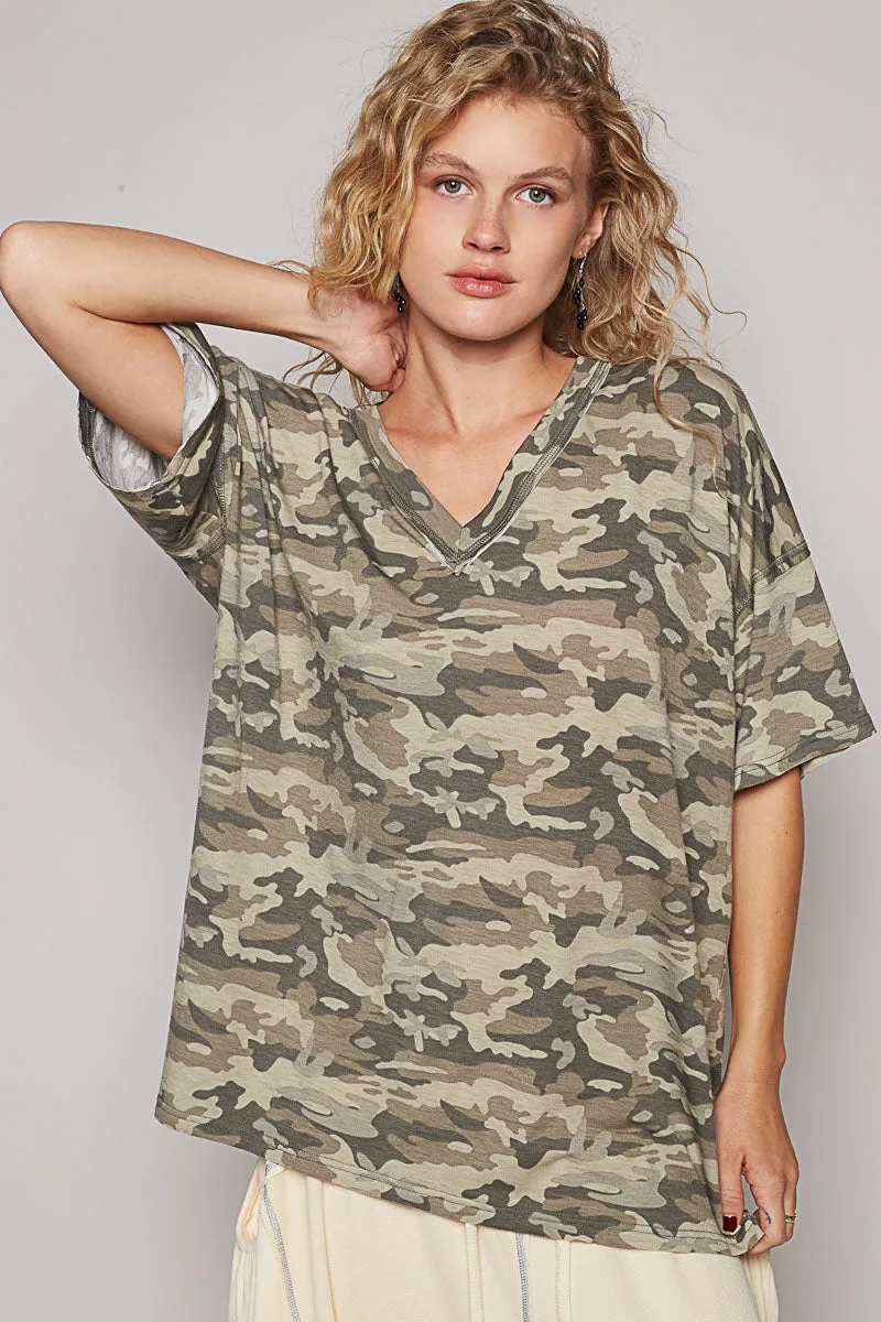 Drop Shoulder V-Neck Basic Tee by POL - Camo