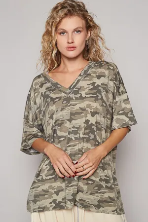 Drop Shoulder V-Neck Basic Tee by POL - Camo