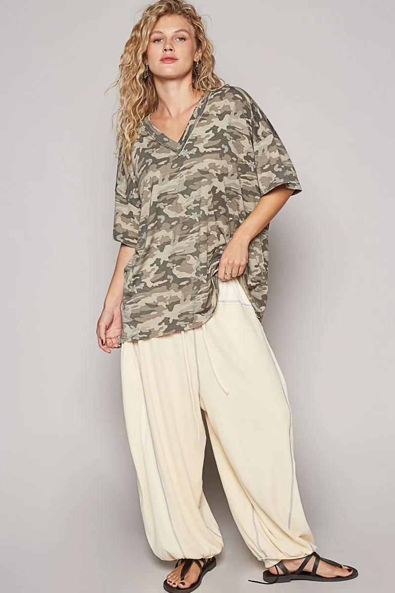 Drop Shoulder V-Neck Basic Tee by POL - Camo