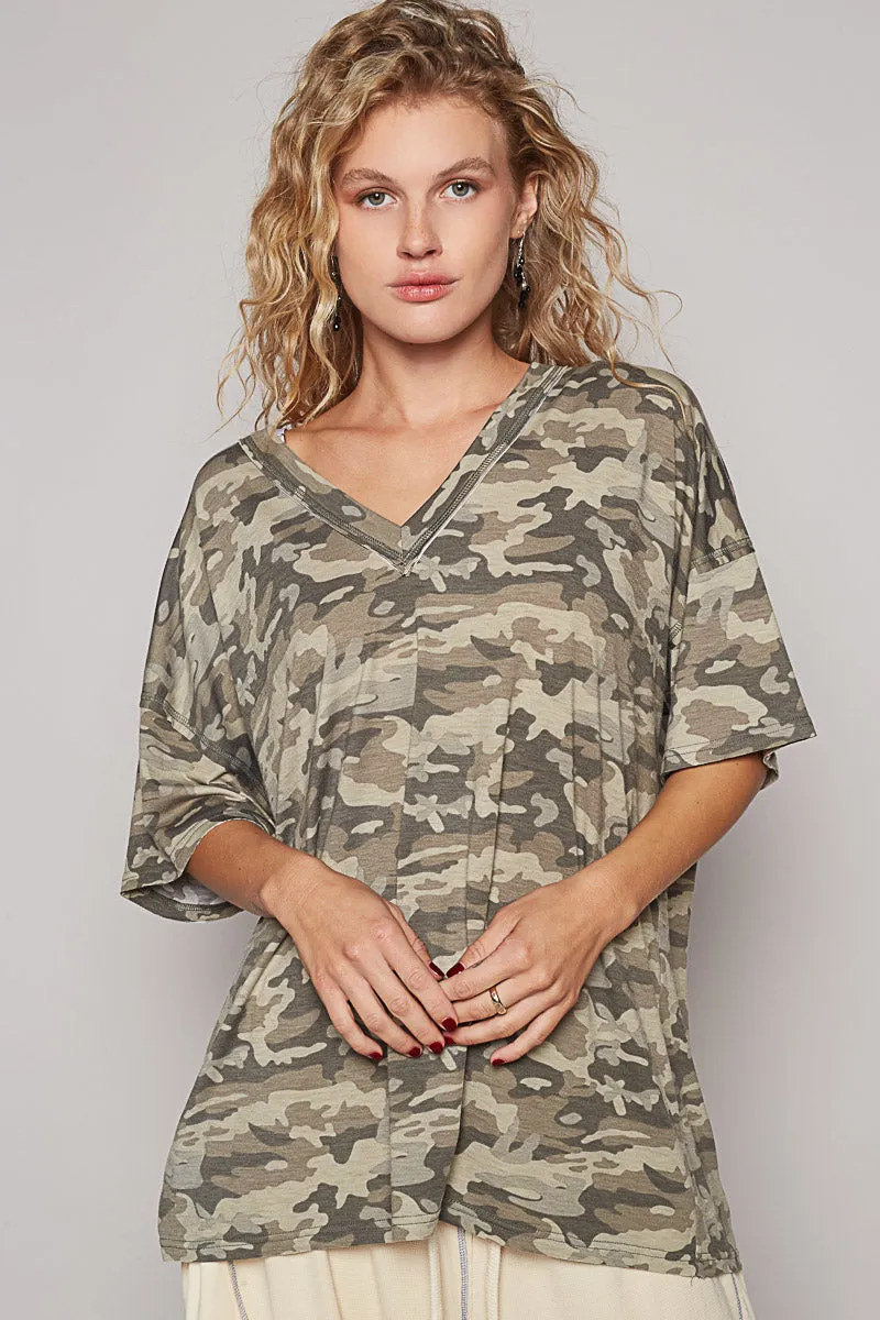 Drop Shoulder V-Neck Basic Tee by POL - Camo