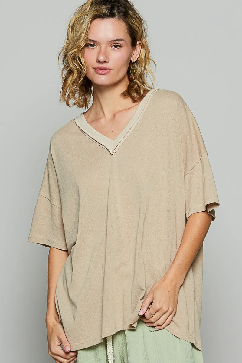 Drop Shoulder V-Neck Basic Tee by POL - Latte