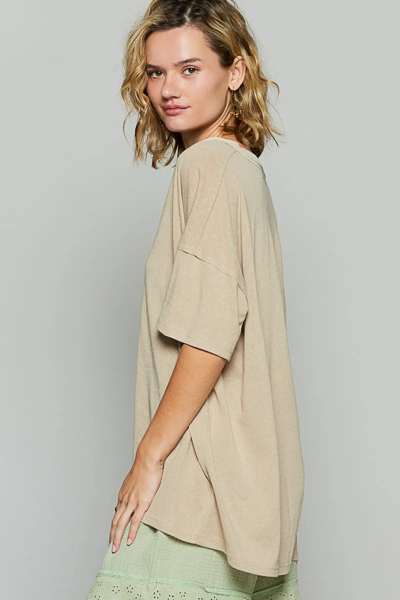 Drop Shoulder V-Neck Basic Tee by POL - Latte