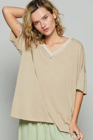 Drop Shoulder V-Neck Basic Tee by POL - Latte