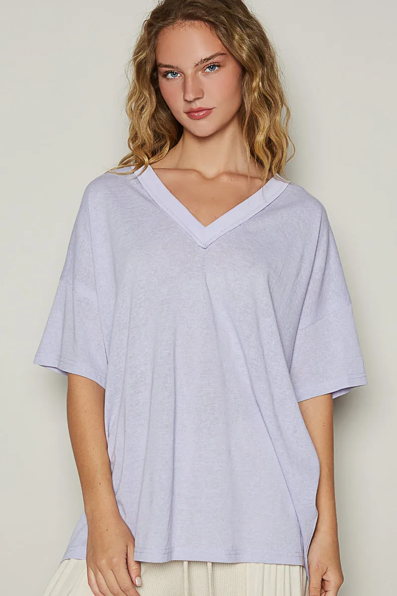Drop Shoulder V-Neck Basic Tee by POL - Lilac
