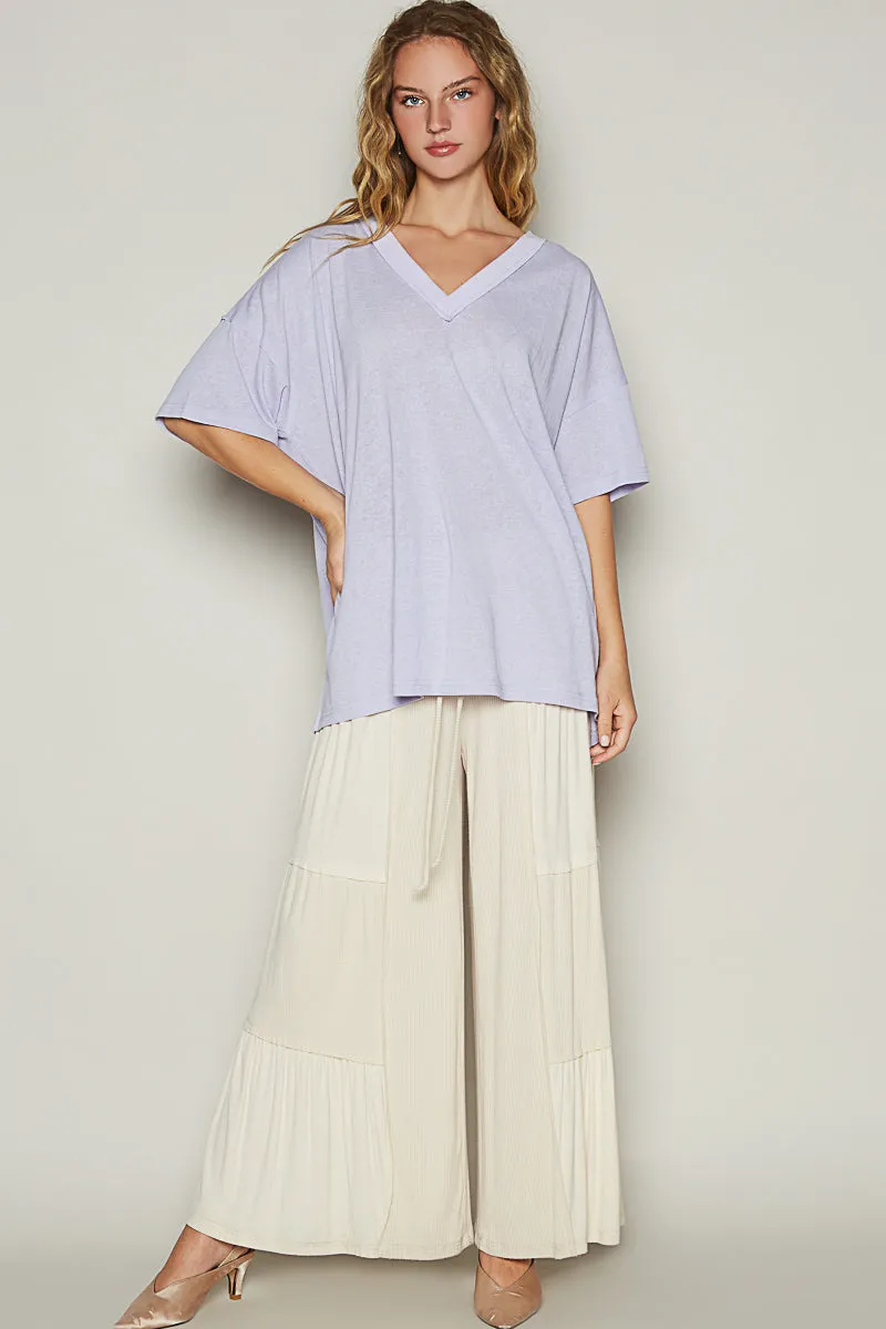 Drop Shoulder V-Neck Basic Tee by POL - Lilac