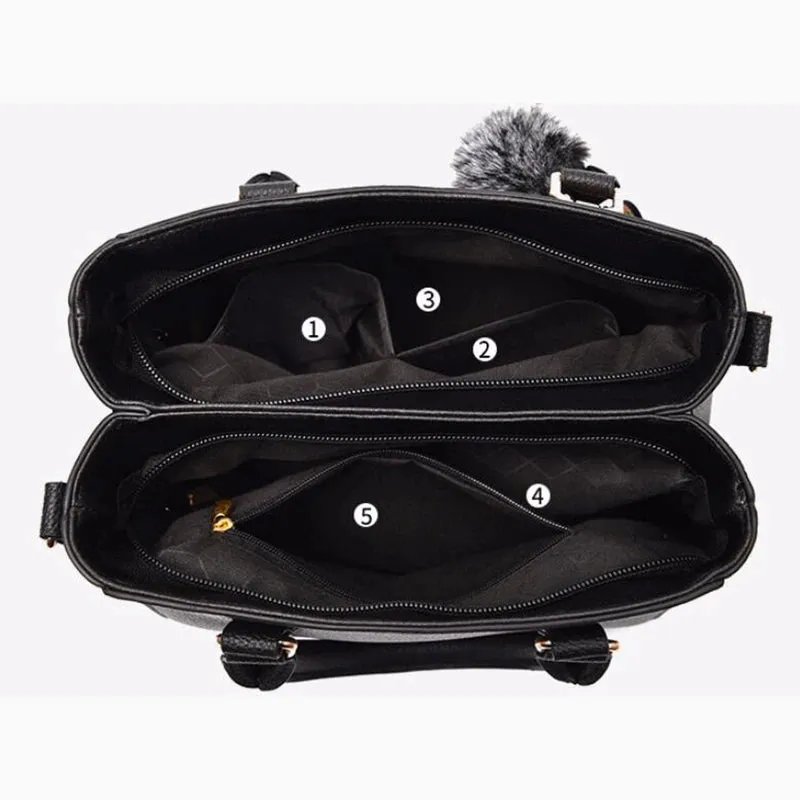 Embroidered Leather Messenger Bag with Fur Ball – Women's Handbag