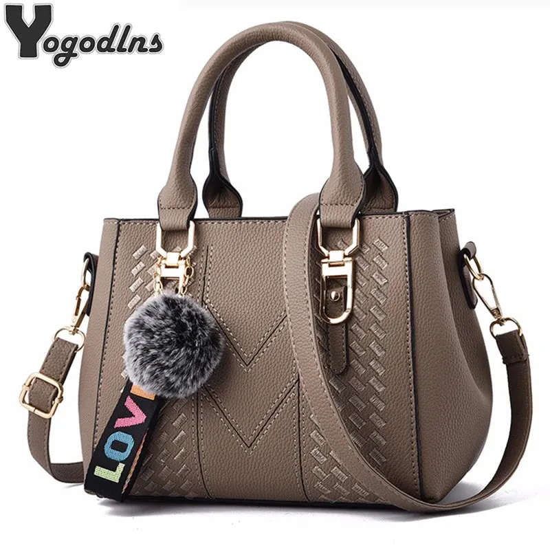 Embroidered Leather Messenger Bag with Fur Ball – Women's Handbag