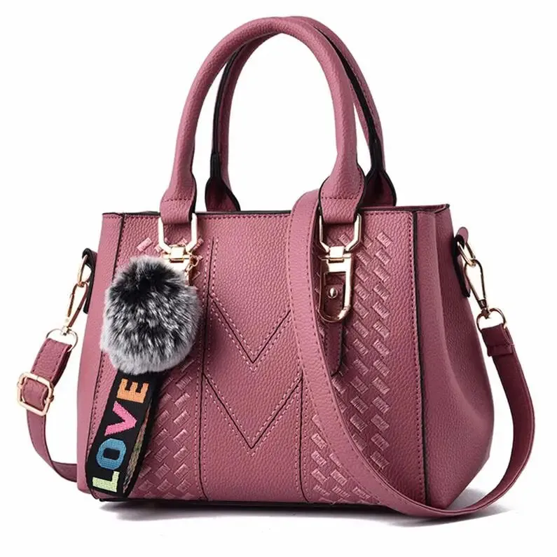Embroidered Leather Messenger Bag with Fur Ball – Women's Handbag