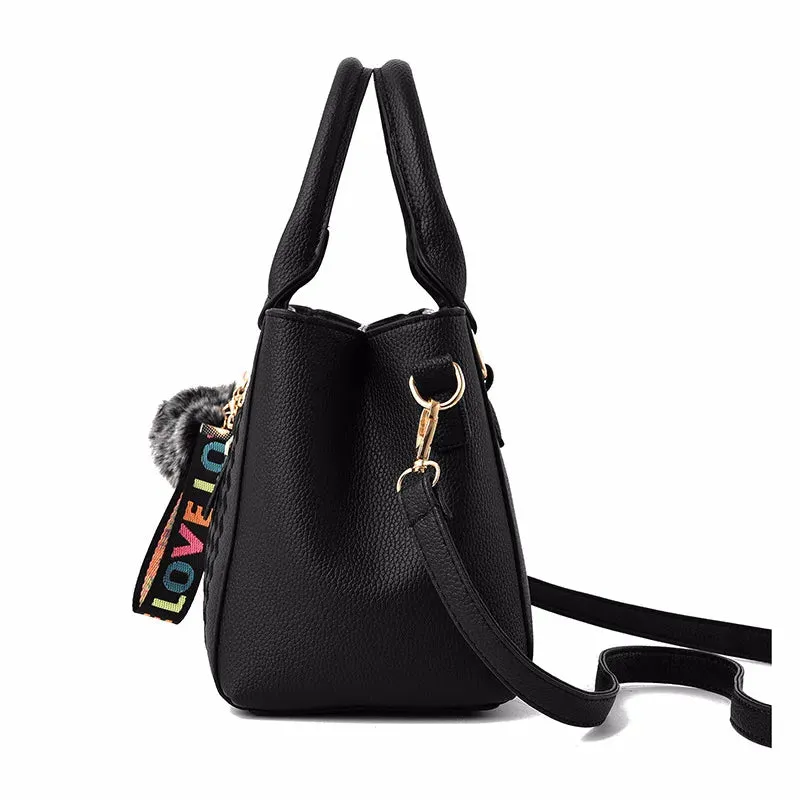 Embroidered Leather Messenger Bag with Fur Ball – Women's Handbag