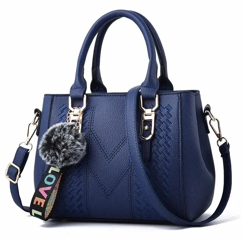 Embroidered Leather Messenger Bag with Fur Ball – Women's Handbag