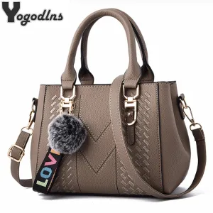 Embroidered Leather Messenger Bag with Fur Ball – Women's Handbag