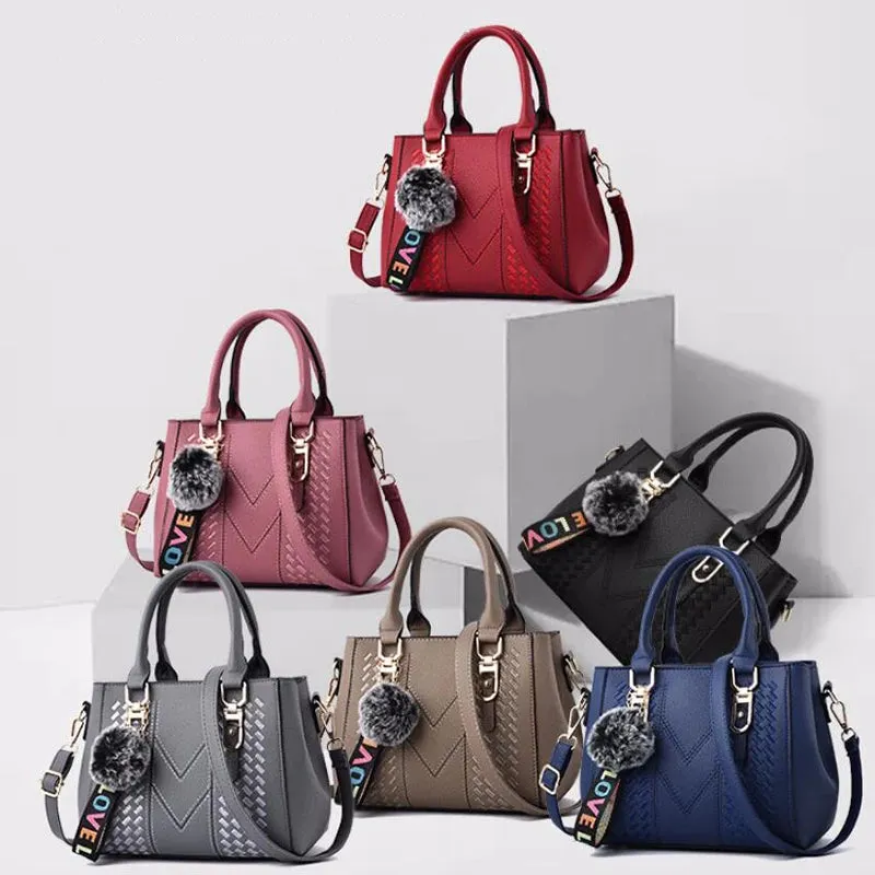 Embroidered Leather Messenger Bag with Fur Ball – Women's Handbag