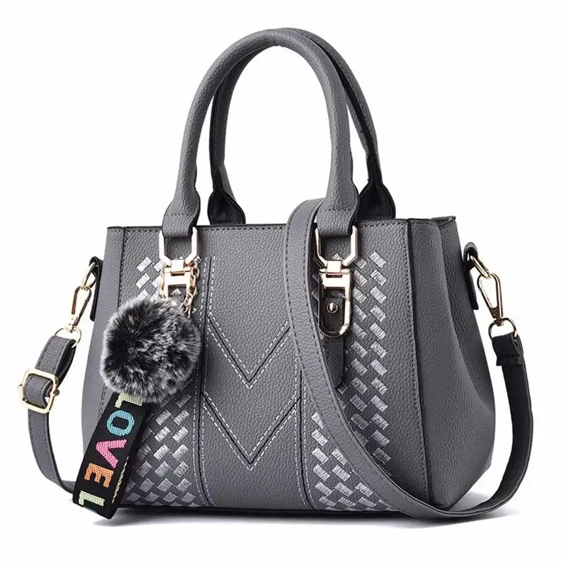 Embroidered Leather Messenger Bag with Fur Ball – Women's Handbag