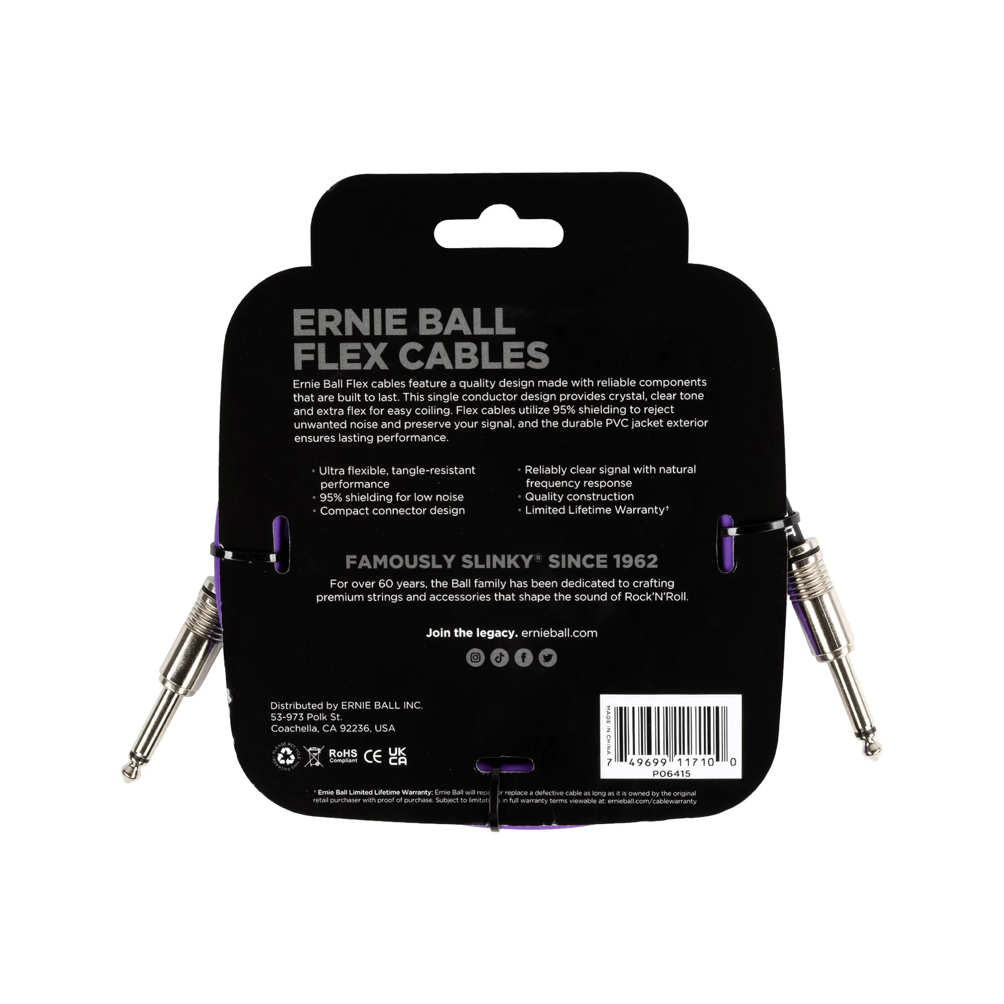 Ernie Ball 10FT Flex Straight to Straight Instrument Cable, Purple