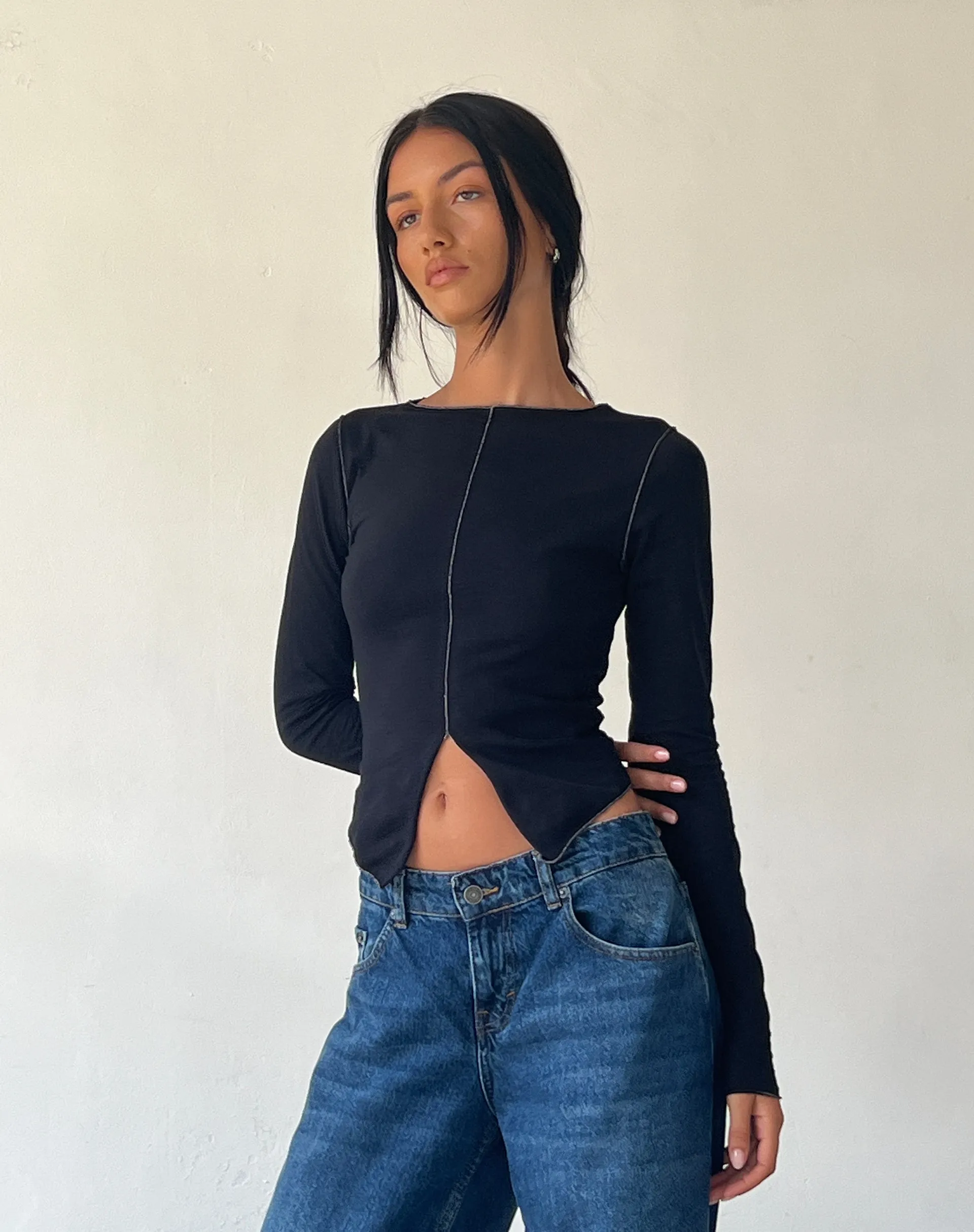 Fenrin Long Sleeve Butterfly Jersey Top in Black