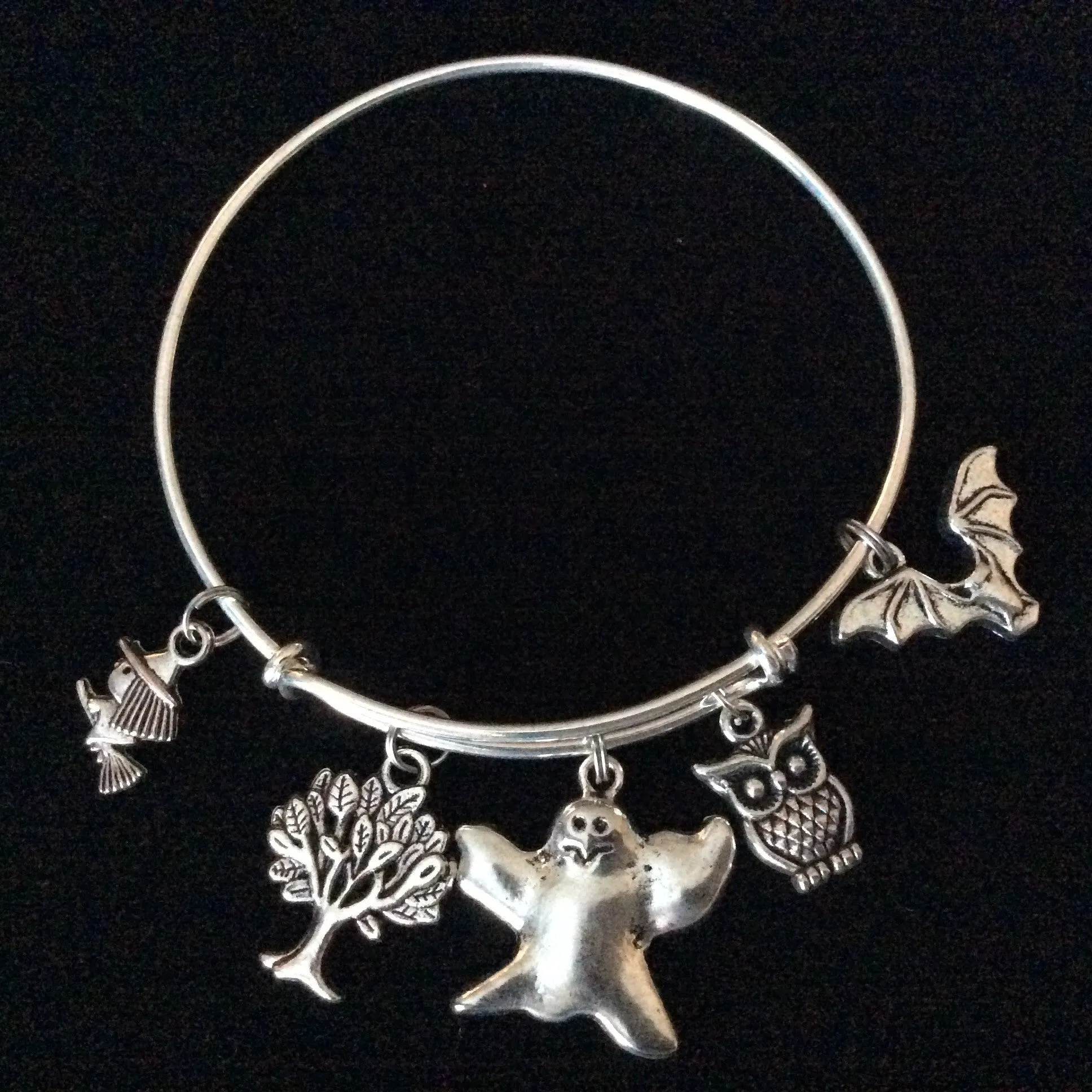Halloween Themed Charm Bracelet Silver Expandable Bangle Costume Hostess Gift Adjustable Wire Trendy Stackable