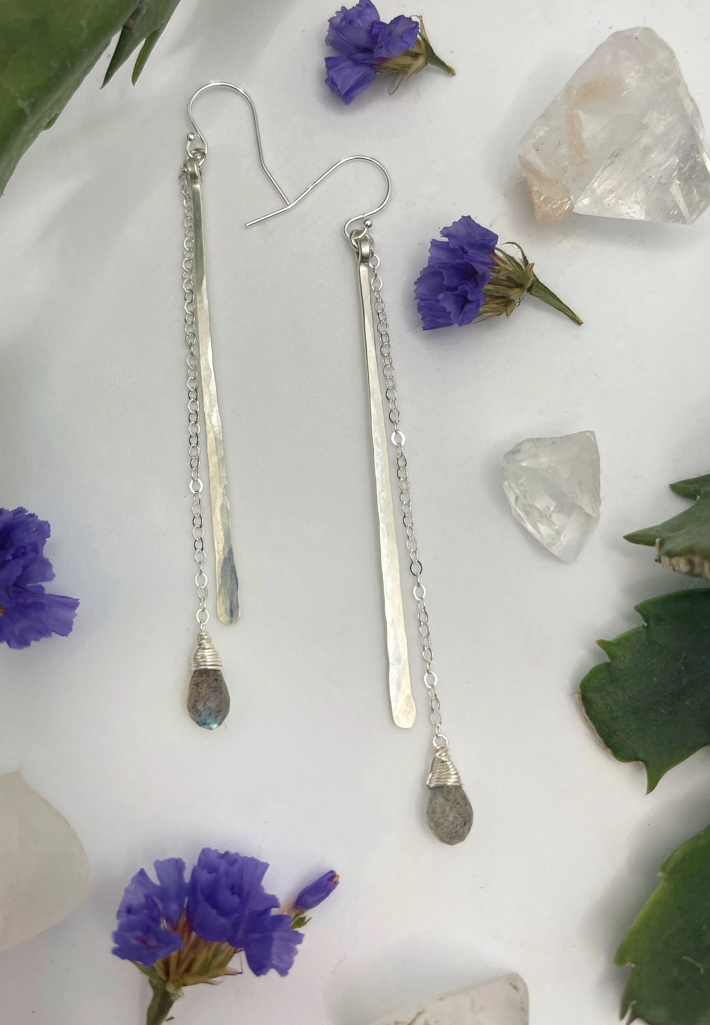 Hammered Stick with Stone Drop Earrings