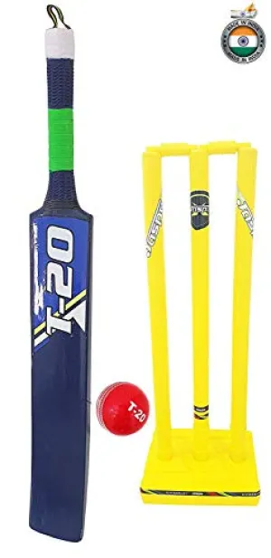 Jaspo T-20 Wooden Cricket Set(1 Wooden bat (Size-5),1 T-20 Ball,3 Plastic Stumps,2 Bail) upto 12 years (Blue)