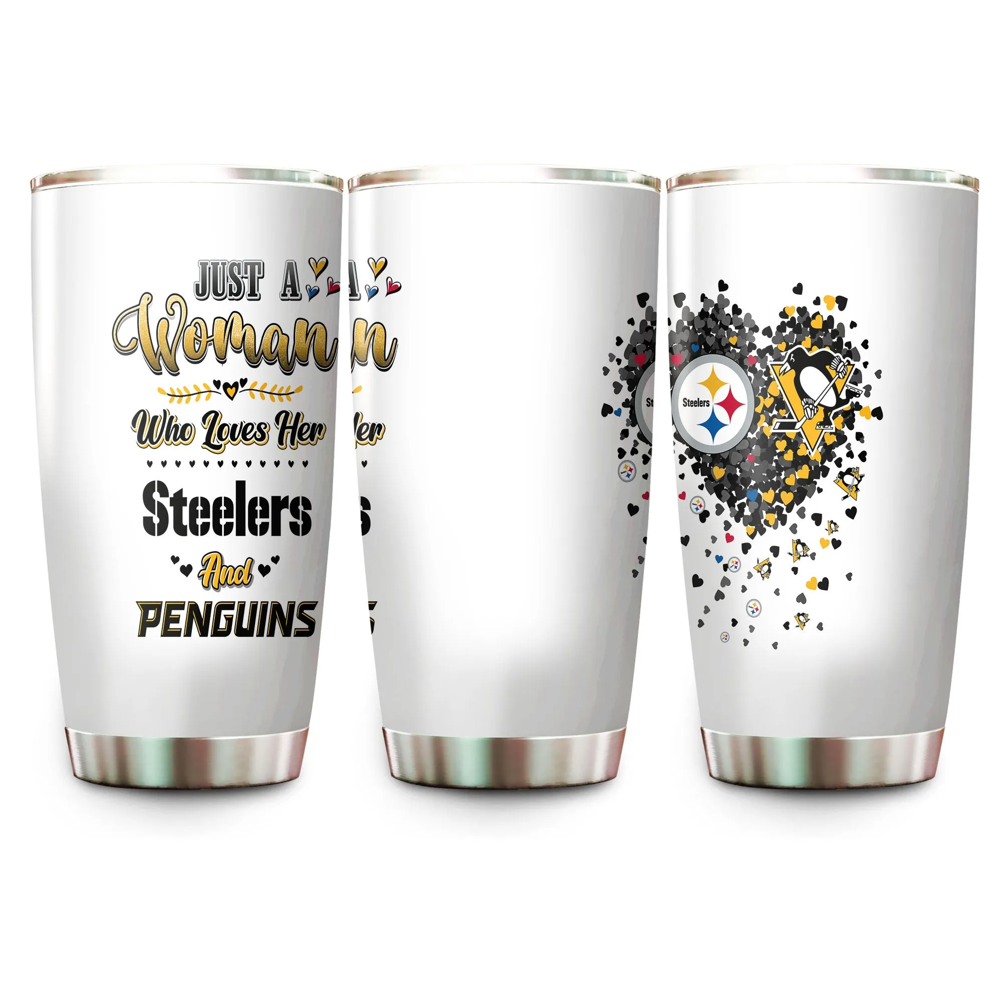 Just A Woman Who Loves Her Pittsburgh Football And Hockey Tumbler