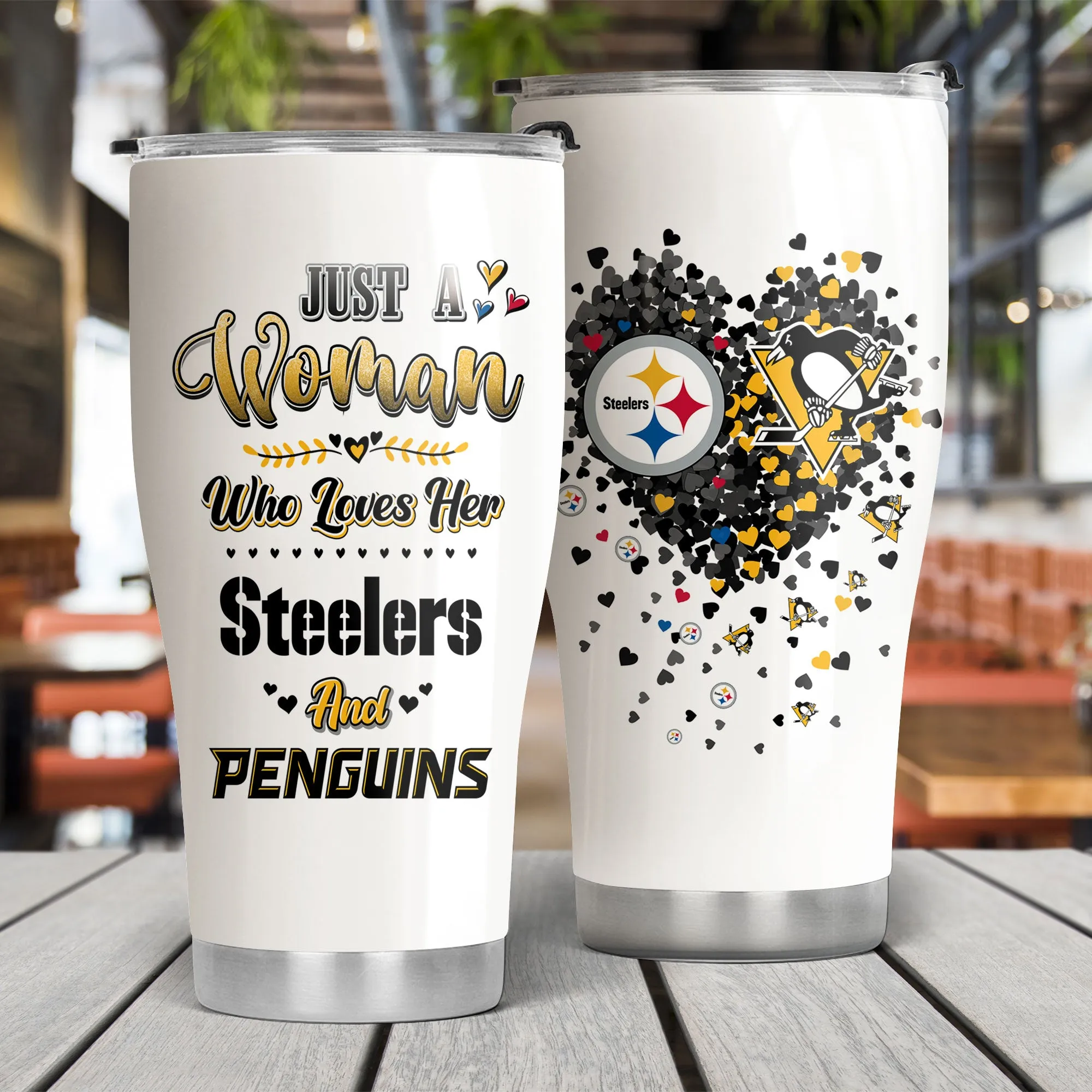 Just A Woman Who Loves Her Pittsburgh Football And Hockey Tumbler