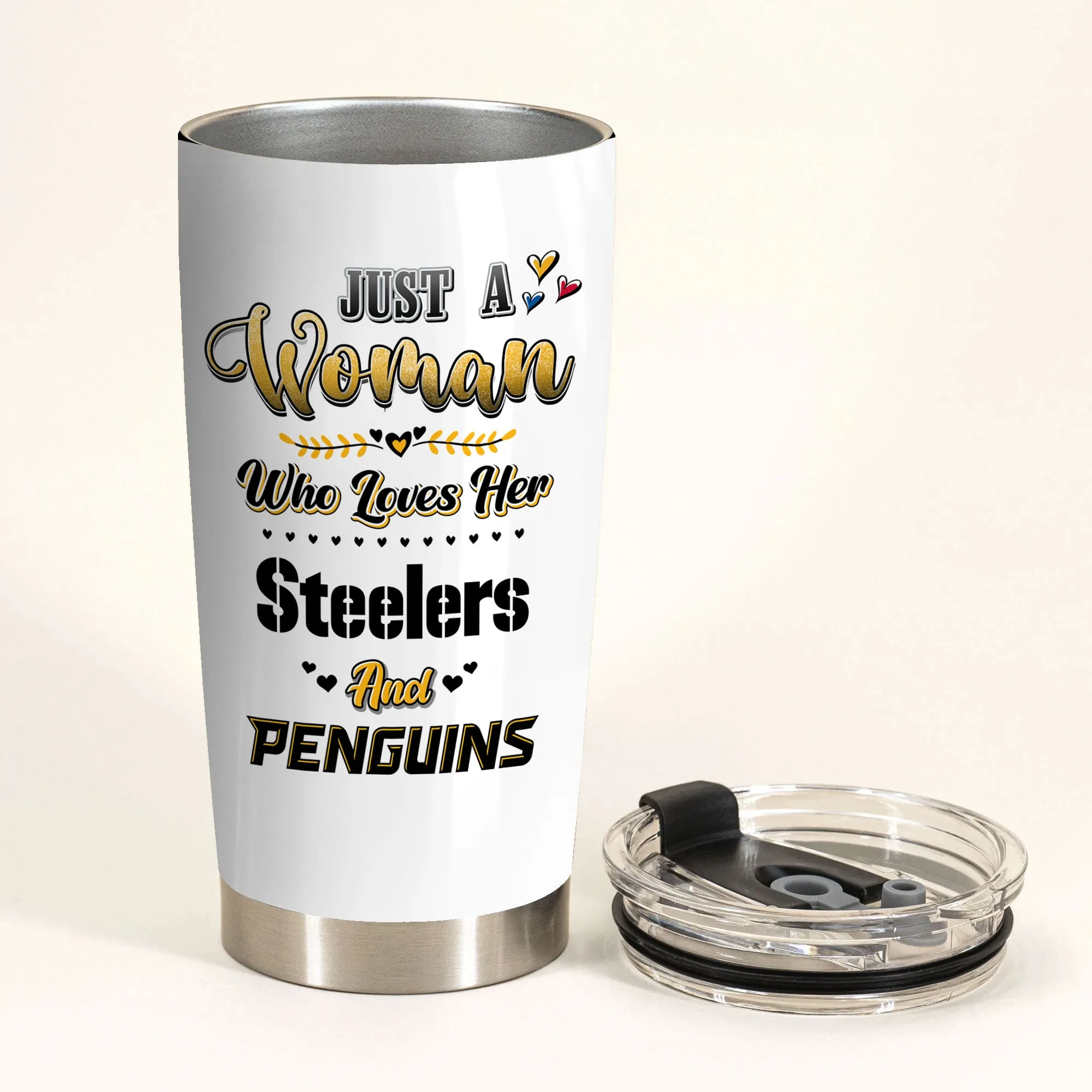Just A Woman Who Loves Her Pittsburgh Football And Hockey Tumbler