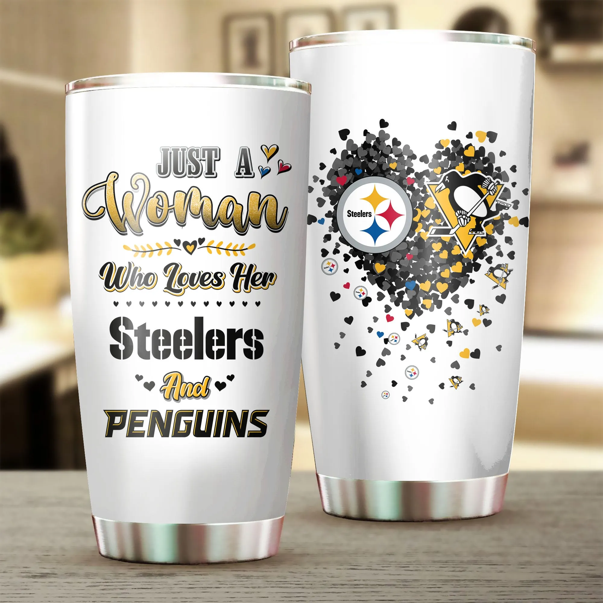 Just A Woman Who Loves Her Pittsburgh Football And Hockey Tumbler
