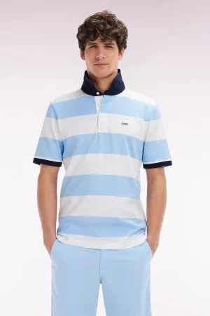 Maillot à manches courtes en coton Pima cerclé ciel et blanc coupe droite