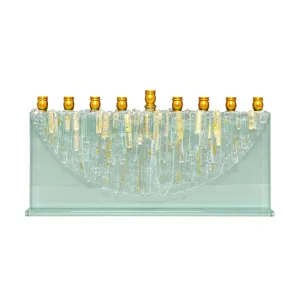 Menorah, Clear Icicle Half Moon, Dichroic Gold Accents, Glass