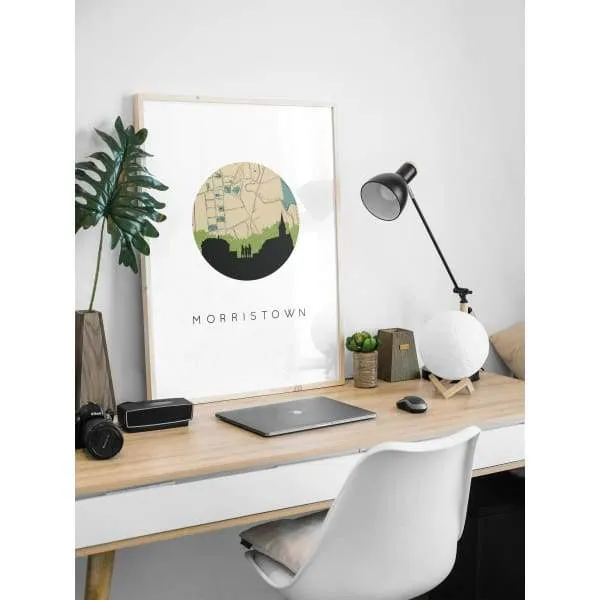 Morristown, New Jersey city skyline with vintage Morristown map