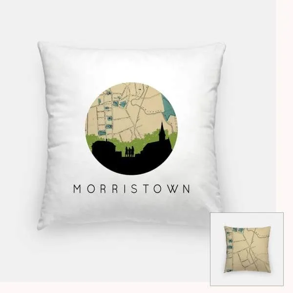 Morristown, New Jersey city skyline with vintage Morristown map