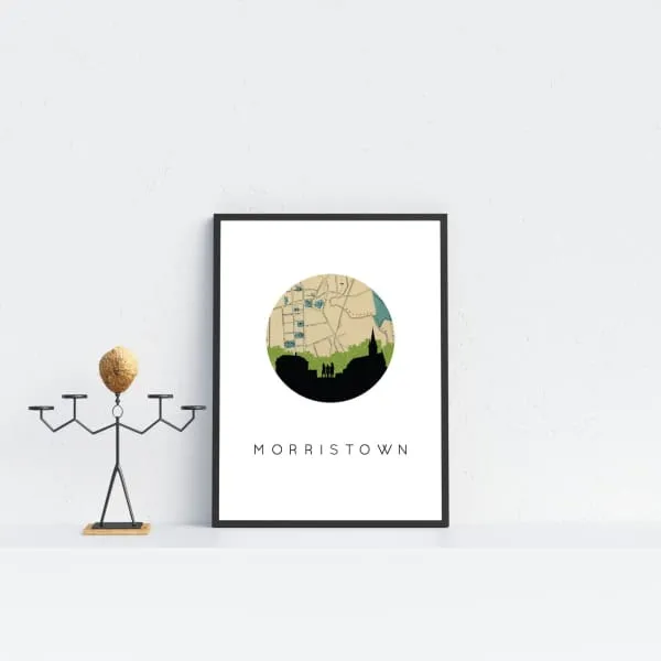 Morristown, New Jersey city skyline with vintage Morristown map