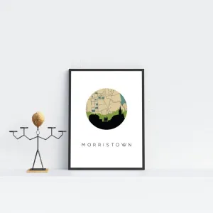 Morristown, New Jersey city skyline with vintage Morristown map