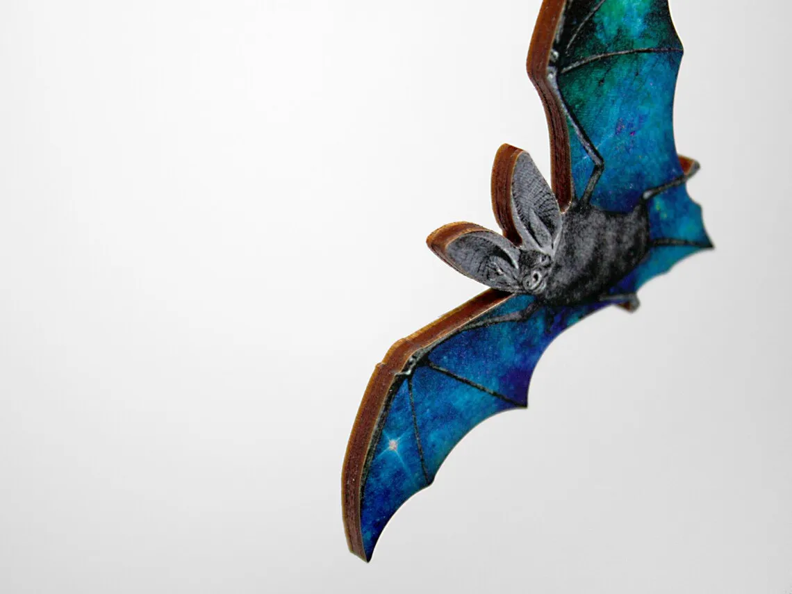 NEW Whimsical Wooden Brooch PIN “Nightflight” Vintage Bat Halloween Horror Gothic Dracula Vampire Lasercut Universe Star Nightsky
