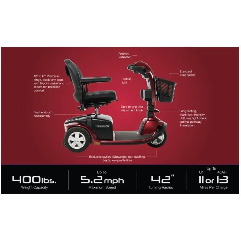 Pride Victory 10.2 ,  3-Wheel Scooter, 18"x17" Foldable Seat (Baseball Stitching)