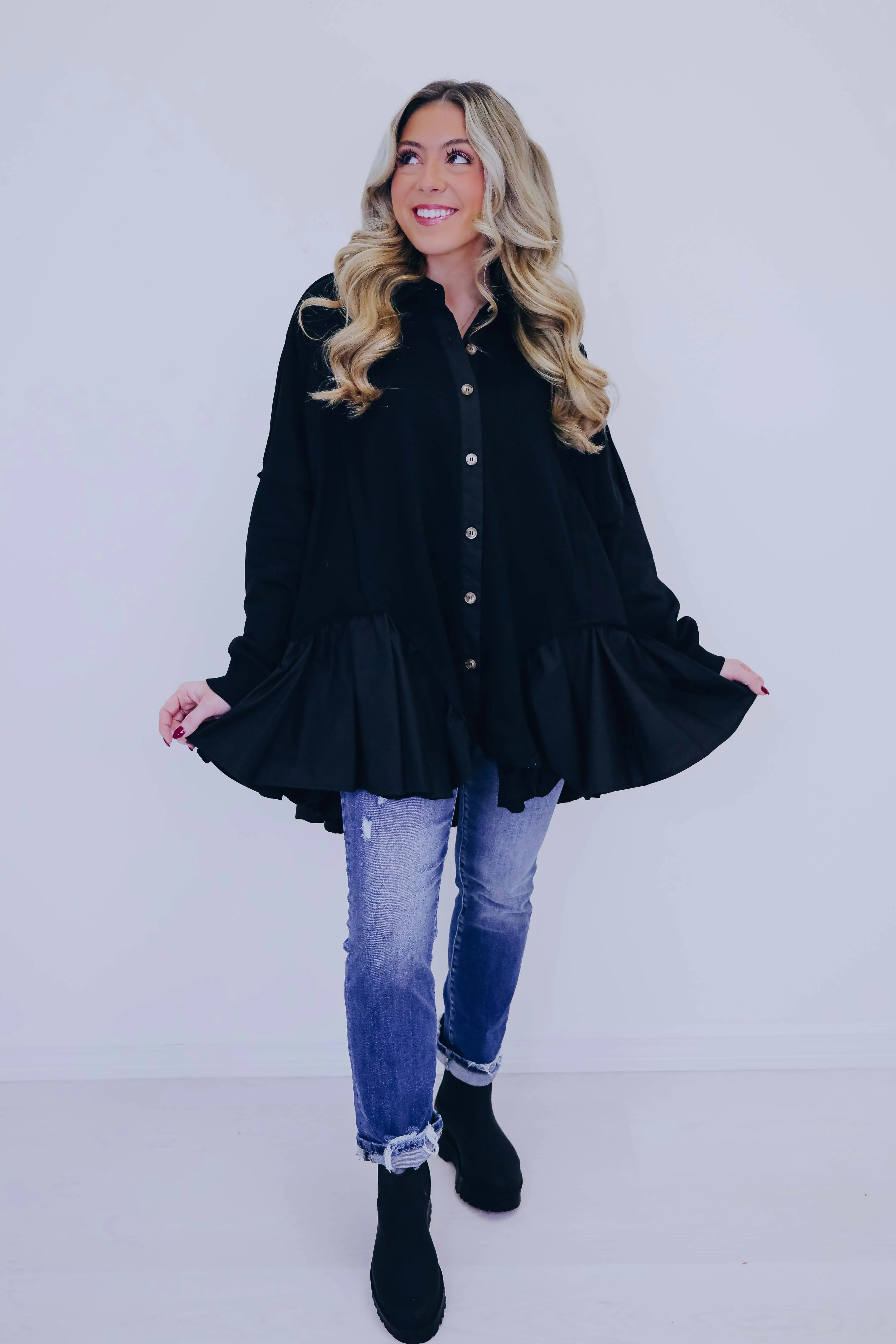 Ritzy Ruffle Hem Button Front Tunic - 3 Colors