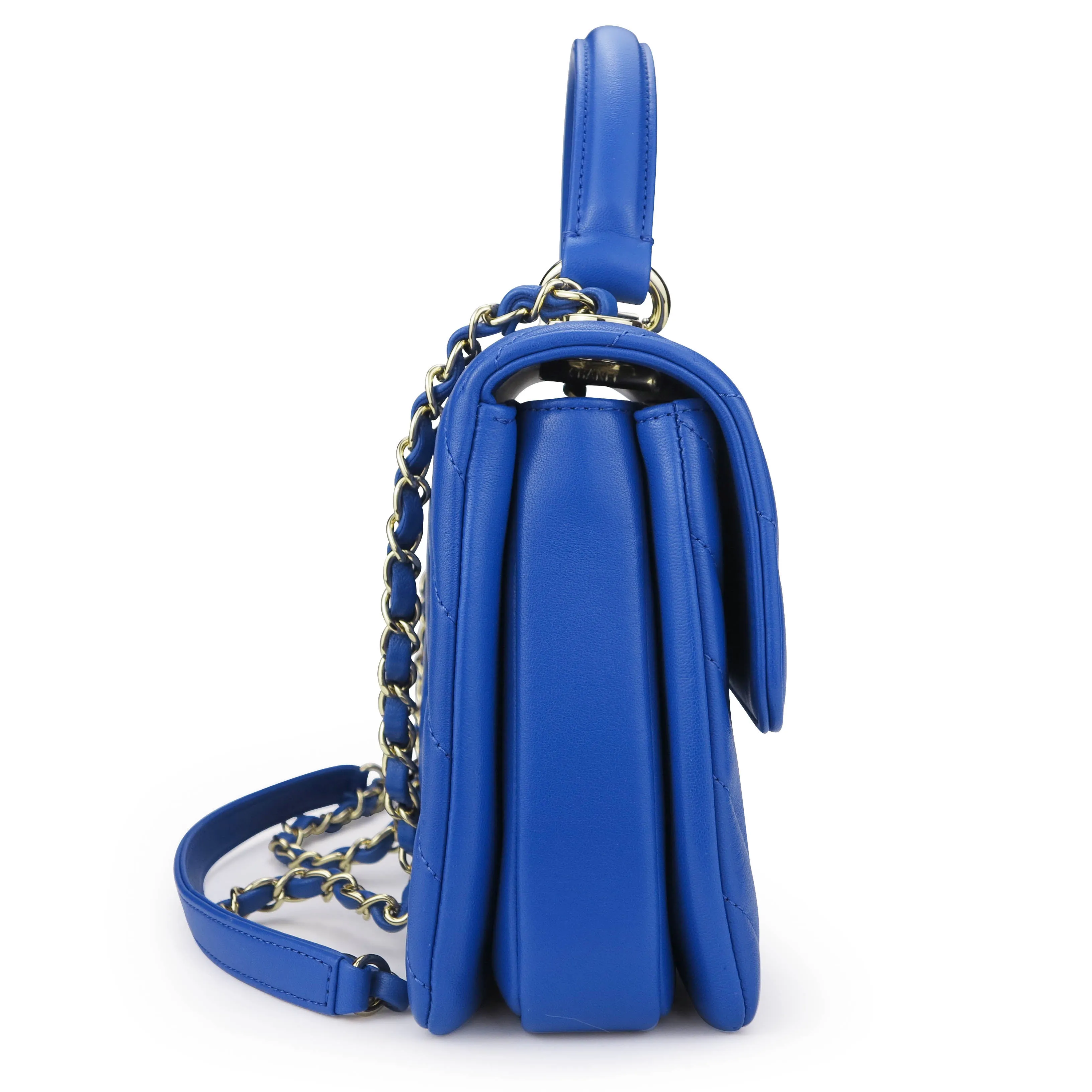 Small Trendy CC Flap Bag with Top Handle in Chevron Blue Lambskin