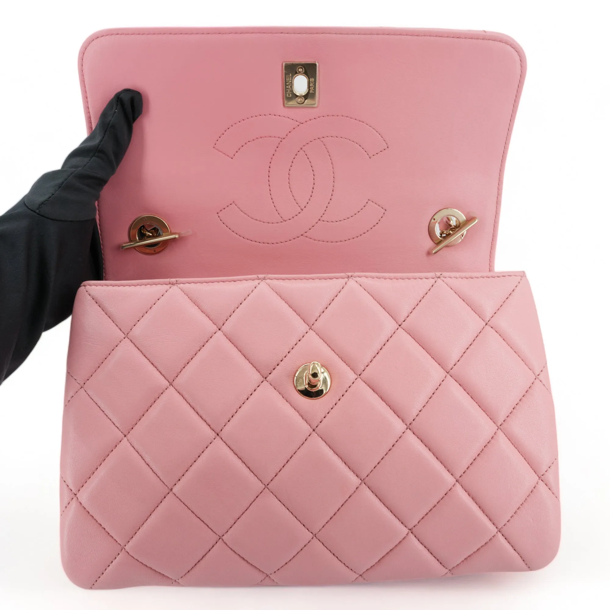 Small Trendy CC Flap Bag with Top Handle in Pink Lambskin
