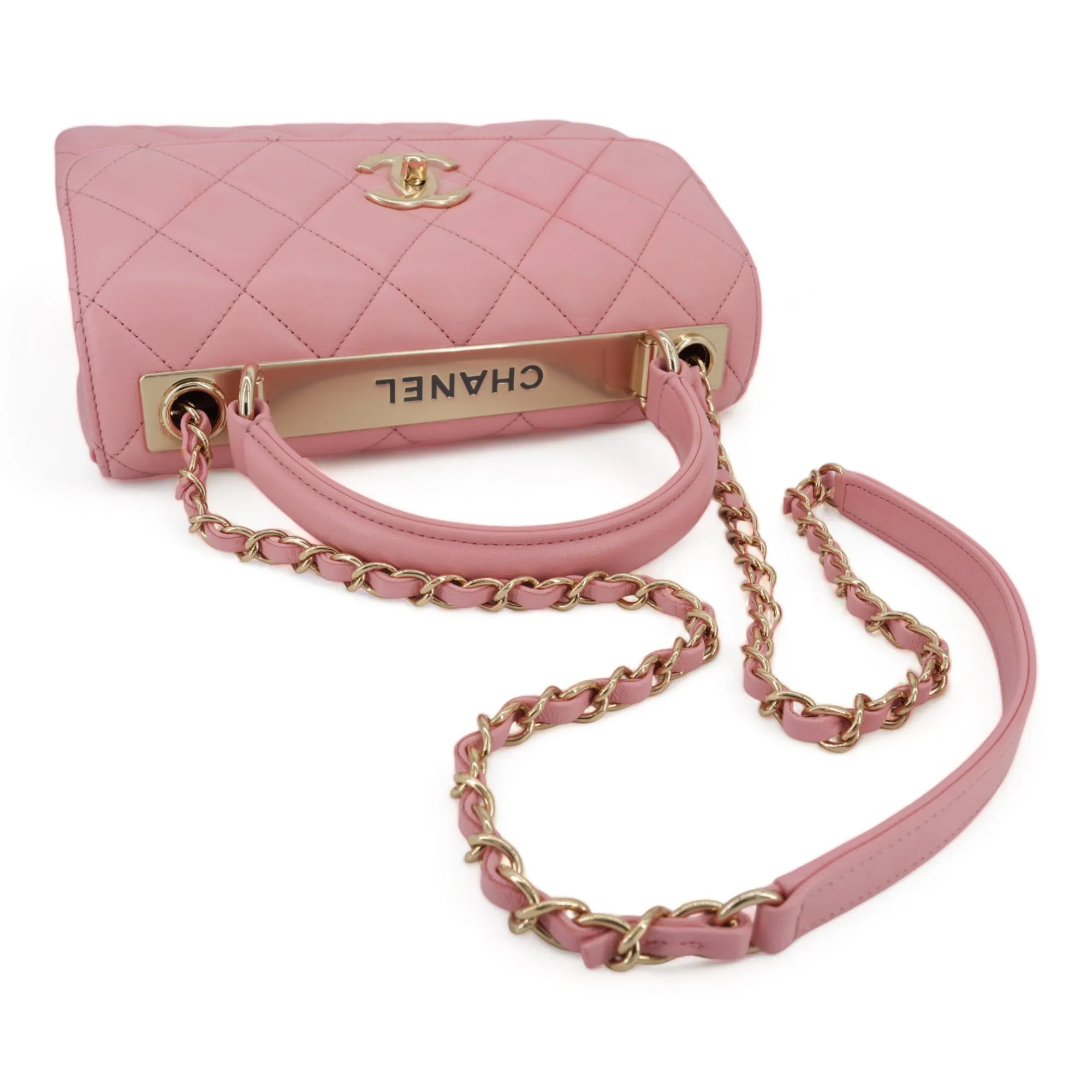 Small Trendy CC Flap Bag with Top Handle in Pink Lambskin