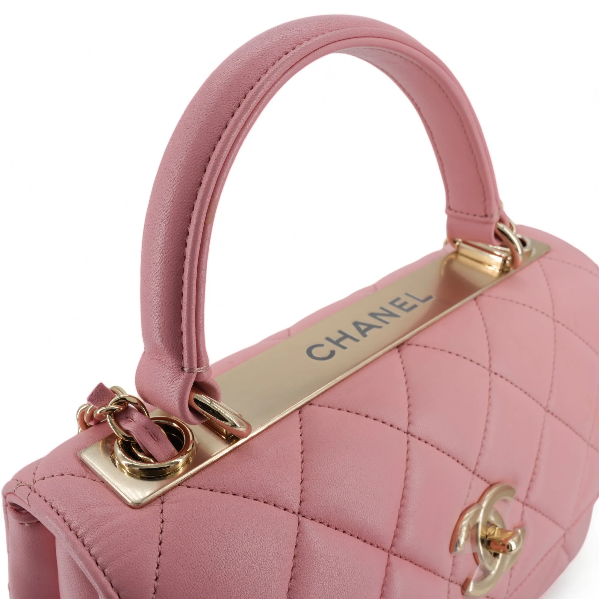 Small Trendy CC Flap Bag with Top Handle in Pink Lambskin