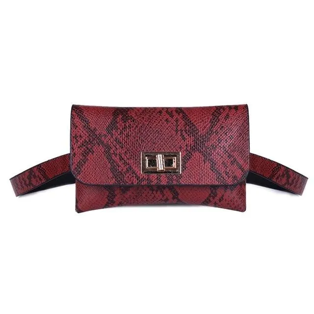 Snake Pattern Shoulder Waist Bag Fanny Belt Packs Phone Pouch Women Flap Vegan Leather Crossbody Casual Messenger Chest Bags