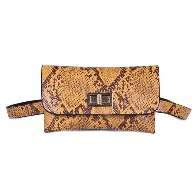 Snake Pattern Shoulder Waist Bag Fanny Belt Packs Phone Pouch Women Flap Vegan Leather Crossbody Casual Messenger Chest Bags