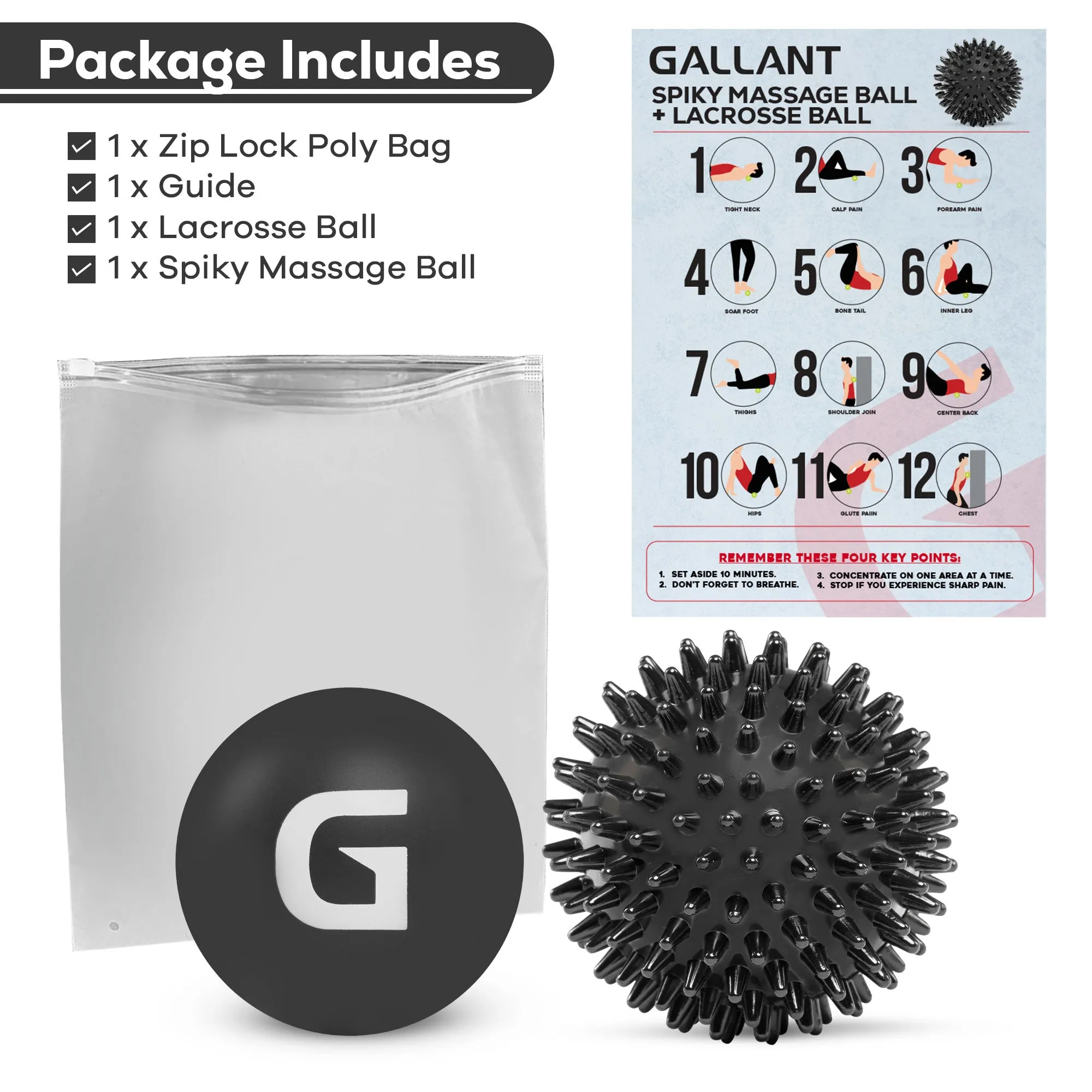 Spiky Massage Ball and Lacrosse Ball Set - Portable Stress Balls - Durable Physio Ball for Trigger Point Therapy