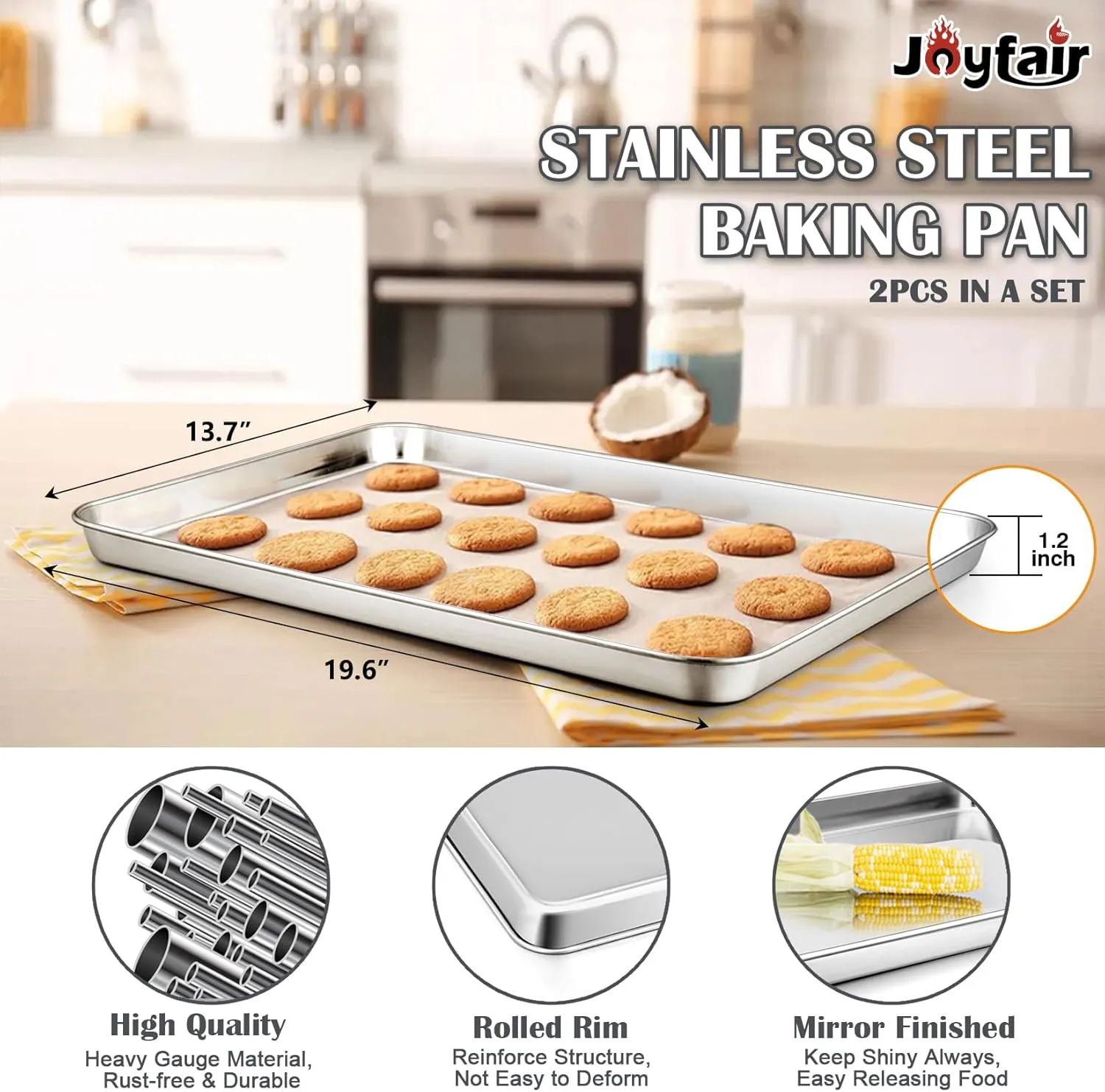Stainless Steel Cookie Sheet Baking Pan Oven Tray Commercial Baking Sheet 2 Pcs