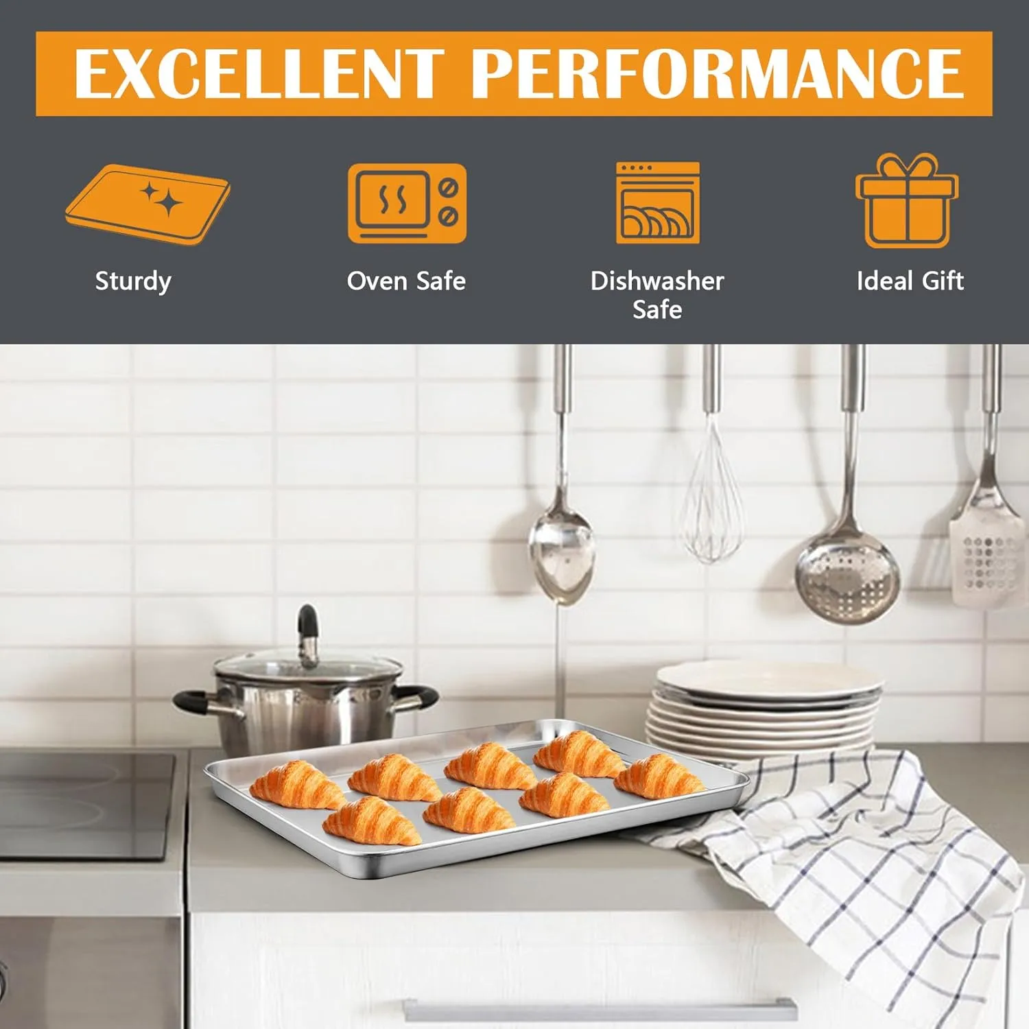 Stainless Steel Cookie Sheet Baking Pan Oven Tray Commercial Baking Sheet 2 Pcs