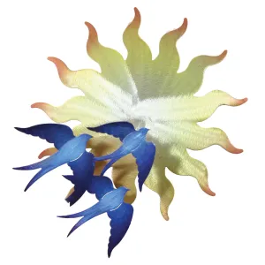 Sunburst With Swallows Wall Sculpture, Metal Outdoor-Indoor Sculpture by Cricket Forge